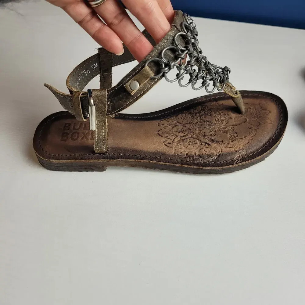 Bull Boxer Annalise Chain Sandals Leather Flats ‎ T-strap Thong Brown Boho